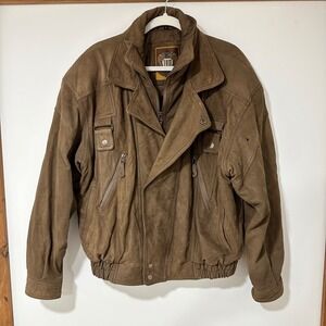 IOU Leather Bomber Jacket Mens L Brown Genuine Leather Quilted Pockets Vintage